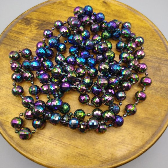 Retro Oil Slick Beads Necklace, Black Plastic Long Strand with Glossy AB Finish - Picture 2 of 5